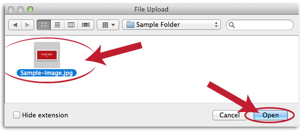 Screenshot of how to select your file and "open" to upload it